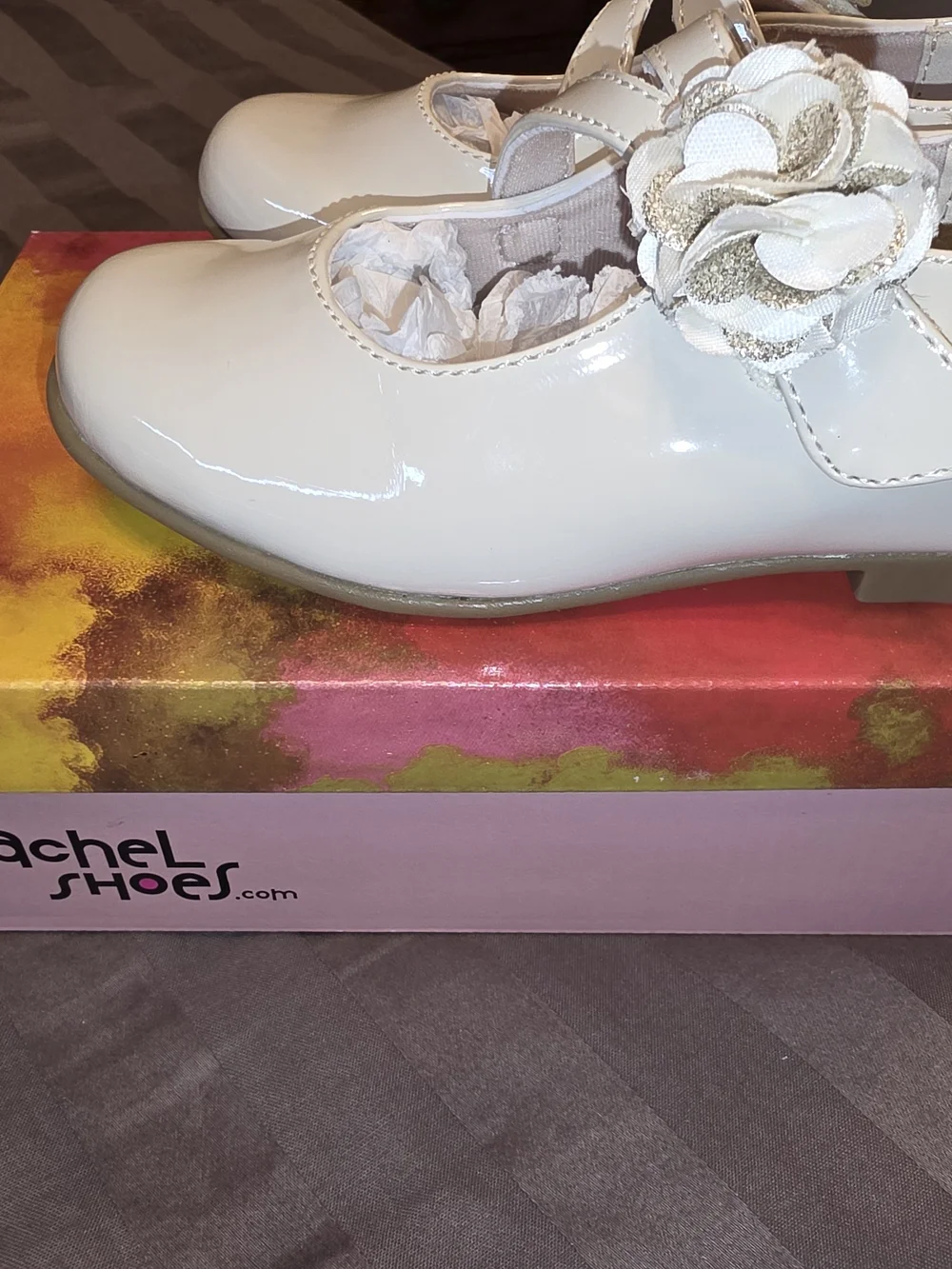 Rachel Cream Patent Mary Jane Shoes with Flower Strap